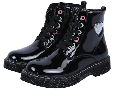 A2Z 4 Kids Girls Teens Ladies School Shoes Black Patent Glitter Heart Boots | Lace-Up Side Zip Fashion Ankle Boot Comfortable Fit Non-Slip Sole Easy Clean Finish Childrens UK Shoe Size 11 to 4 UK
