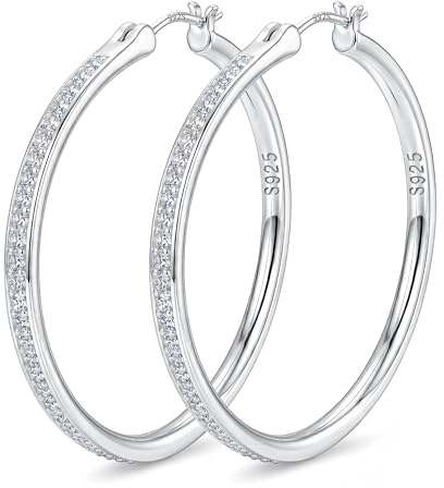 FANCH Pendientes de Aro Plata S925 para Mujeres Niñas Pendientes de Aro Grandes de Zirconia Cúbica Brillante 18K Oo Blanco Chapado Hpoalergénico Ligero Diamante Strass Pendientes de Aros 60mm Plata
