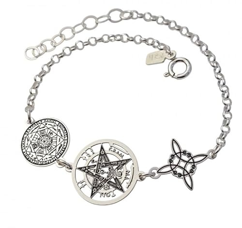 Minoplata Bracelet triple protection en argent sterling 925, amulettes noeud de sorcière, tétragramme et médaille sept archanges, 17 cm avec chaîne adaptable