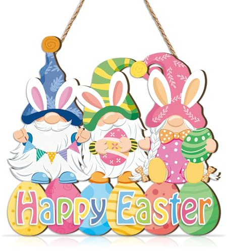 KAIRNE Happy Easter Wall Art Sign Gnome Eggs Hanging Plaques Colourful Resurrection decorations for Front Door Wall Garden Party Decorations for Home