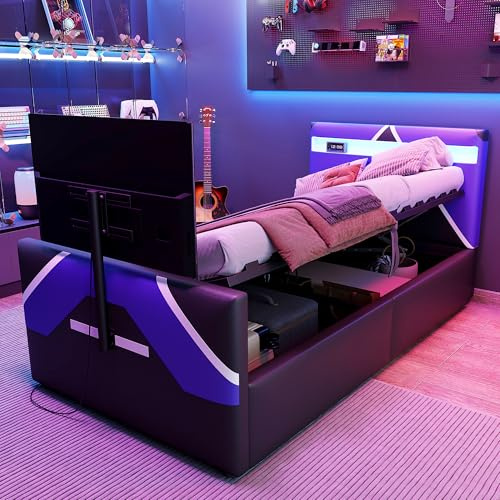 Merax Kinderbett 90x200 cm, E-Sport-Stil mit PU-Leder, LED-Farbbeleuchtung, hydraulischem Stauraum, TV-Halterung, Kinder- und Jugendbett, modernes Design, Schwarz und Lila (ohne Matratze)