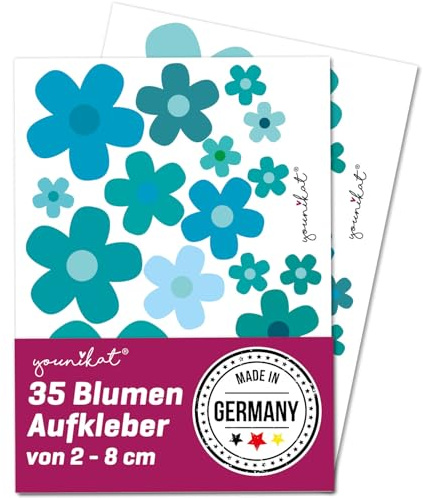 younikat Aufkleber Set Blumen blau grün türkis - kfz241 | Flower Power, für Laptop Koffer Auto, witterungsbeständig, vergilbungsfrei, UV-beständig