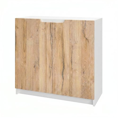 Vladon Sideboard Logan, Made in Germany, Kommode mit 2 Türen, Weiß matt/Eiche Natur (82 x 78 x 37 cm)