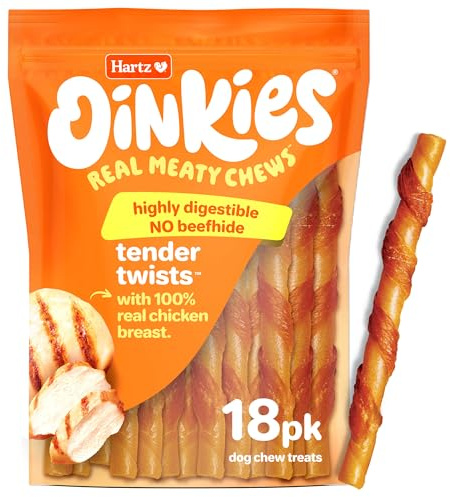 Hartz Oinkies Tender Twists Rawhide‑Free Dog Chews with Real Chicken Breast, Highly Digestible, Long‑Lasting Treats, 18 Count