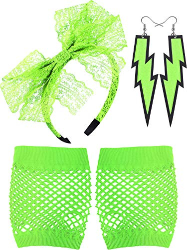 Blulu Diadema de Encaje de los Años 80 Pendientes de Neon Guantes de Malla sin Dedos para Fiesta de los Años 1980 (Verde Fluorescente)