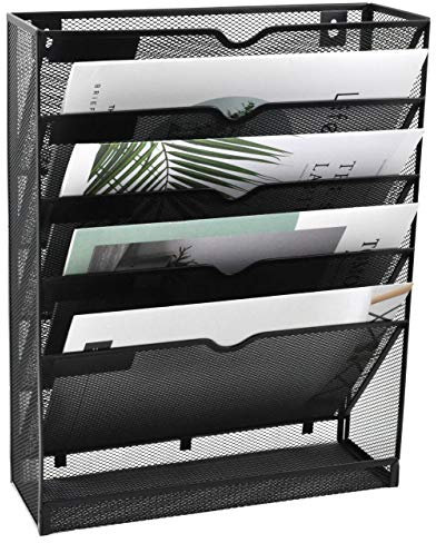 EASEPRES Netz-Wand-Organizer mit 5 Ebenen, vertikale Halterung, Zeitschriftenständer mit flacher Unterseite, Schwarz