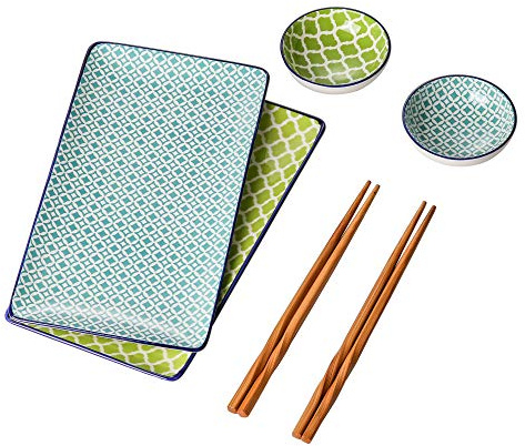 vancasso Macaron Sushi Set Porcelain Japanese Style Hand-Painted, Set of 2 Sushi Plates, 2 Dip Bowls,2 Pairs of Bamboo Chopsticks for Sushi