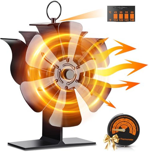 UNISOPH Wood Burner Fan,Upgrade 6 Blades Stove Fan Silent,Wood Burner Fans With Stove Fans Log Burners Thermometer,Log Burner Fans Wood Stove Fan For Wood Burner/Wood Burner/Fireplace Burner