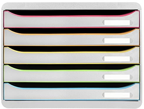 Exacompta - Ref 308913D - BIG-BOX PLUS HORIZON - Låda med 5 lådor för A4+ dokument - Utvändiga mått: djup 27 x bredd 35,5 x höjd 27,1 cm - Vit/harlekin/vit