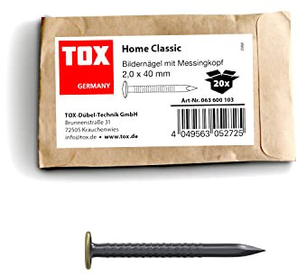 TOX Bildernagel Home Classic aus gehärtetem Stahl mit Messingkopf in recycelbarer Papierverpackung, Größe 2,0 x 40 mm, Stahlnägel für Bilder für nahezu alle Baustoffe, 20 Stk., 063600103
