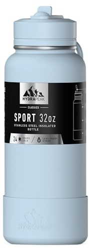 Hydrapeak 32oz Sport Insulated Water Bottle with Straw or Chug Lid, Leak & Spill Proof, Keeps Drinks Cold for 24 Hours, Hot for 12 Hours, Premium Stainless Steel Water Bottles (32oz, Powder Blue)