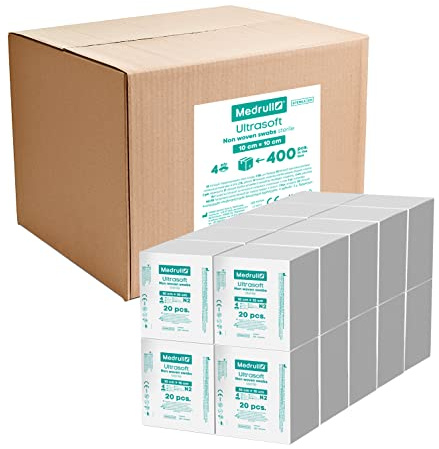 Medrull Compresas no tejidas STERIL ULTRASOFT - 4 capas - 10 x 10 cm - Paquete de 2 unidades - 20 bolsas de papel (40 unidades) x 20 cajas