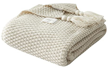 MRBRON Tagesdecke mit Fransen Kuscheldecke Boho Decke aus Strick, Plaid, Sofa, Tischdecke, Tagesdecke, Nordisch, Warm, Weich, Handgefertigt für Strand, Picknick (Weiß,180x200CM)