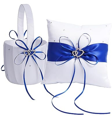 QIRMIZI Ringkissen und Blumenmädchenkorb Set - verziert mit Perlen-Strasssteinen, weißer Satin, Blau
