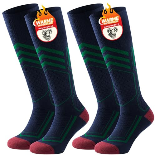 TANSTC Kompressionsstrümpfe Herren 43-46, Winter Dicke Merino Wintersocken Thermosocken Damen, Wintersport Socken Für Skifahren Wandern Camping Laufend Basketball, Skisocken Wandersocken Blau 2 Paar