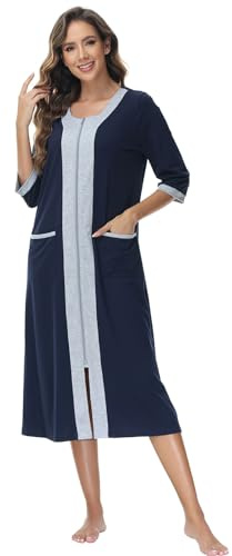 rismart Mujer Manga 3/4 Cremallera Bata de Casa Casual Cuello V Camisa de Dormir Pijama Vestido Azul Marino,L