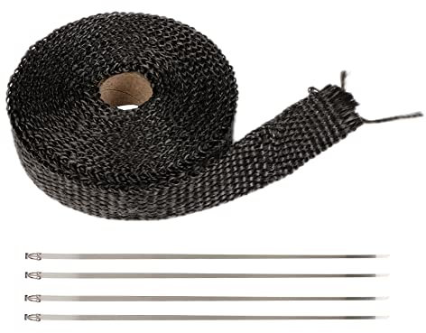 LIUCHUCHU Hitzeschutzband Auspuff Wärmeband Thermoband Fiberglas Wärmeband Krümmer Isolierung Rolle Beständig Mit Edelstahlbändern 5M*2.5cm Auspuff Hitzeschutzband(Noir)