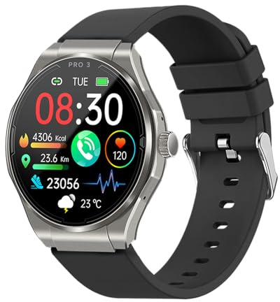 Knauermann PRO 3 (2024) Silber - Gesundheitsuhr Smartwatch mit Telefoniefunktion - EKG + HRV und SOS Funktion - AMOLED Display- BT Bluetooth - Schlafapnoe - Silikonband Schwarz, 14-24, rund