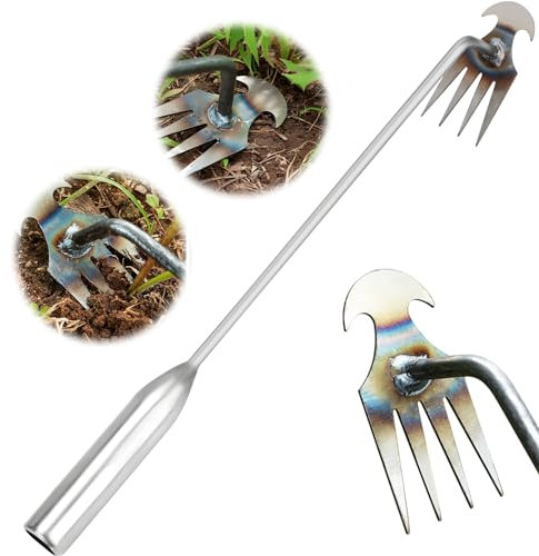 Plus Long Weed Puller Tool Garden Weed Pulling Tool, Portable Weeder Tool Uprooting Weeding Tool, 4 Teeth Manganese Steel Forged Hand Weeder for Vegetable Gardening Backyard Farm (19.6inch, Silver-1)