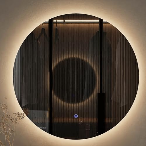 Planetmöbel NOVA Spiegel mit Beleuchtung rund | Spiegel mit LED-Licht, Dekorativer Wandspiegel ohne Rahmen, Dimm-Funktion, 4200k neutralweißes Licht, 60 x 60 cm