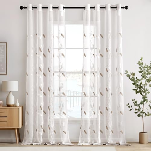 EMEMA Tenda in Voile per Soggiorno con Occhielli, Motivo di Foglie Trasparenti e Bellissimo Ricamo, Set da 2, H 260 x L 140 cm, Tendaggi Moderni per Camera da Letto, Foglie Marroni