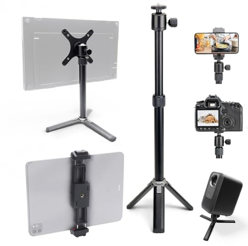Kado Metal Portable Monitor Stand Tripod, 2-In-1 Phone/Tablet Clamp Portrait/Landscape, 100x100mm 75x75mm Wall/Arm Mount Adapater Bracket Plate, 360° Ball Head Compact for Projector, Camera and Webcam