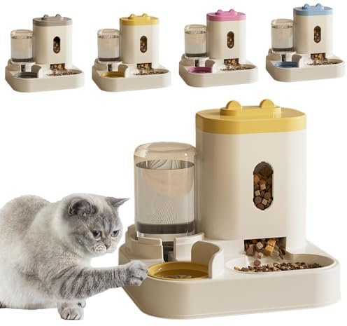 Wasser und Futterspender, Katzen Wasserspender Ohne Strom, Futterautomat Katzen Hunde 2 Näpfe, Trockenfutterspender für Katzen Reise, Wasserspender Katze Flasche, Futterspender (Gelb)