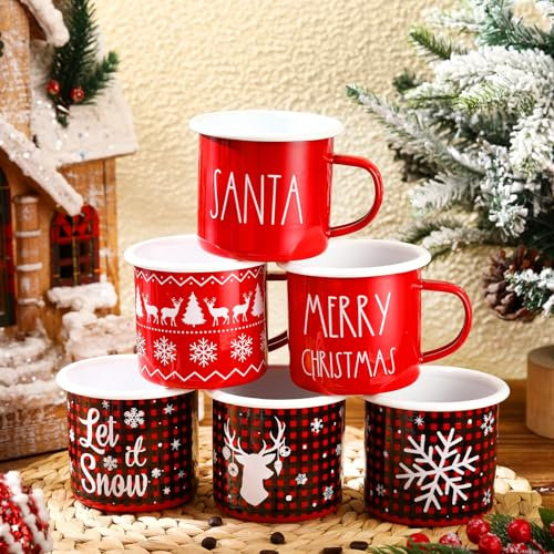 Geiserailie 6 Pcs 12 oz Christmas Coffee Mugs Christmas Bulk Enamel Mugs Holiday Xmas Gifts for Family Friends and Colleagues Home Decorations(Red,Series)