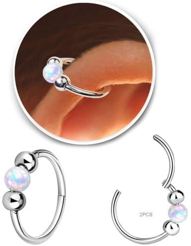 2Pcs 18G Hypoallergenic Cartilage Earrings for Women & Men 316L Surgical Steel Huggies Earrings for Sensitive Ears, Lightweight Mini Thin Jewelry for Tragus/Helix/Nose Multiple Piercing Opal Earrings