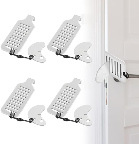FUIPVGI 4 Piezas Cerrojo Puerta sin Agujeros Universal Cerradura Portatil Puerta Pestillo Puerta sin Agujeros Cerradura de Puerta Portátil Cerradura de Viaje Puerta para Casa Viaje Hotel(Blanco)