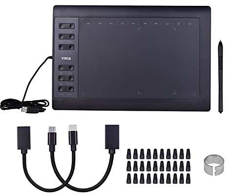 Tavoletta Grafica professionale 10 x 6 pollici 12 tasti Express Con 8192 livelli Batteria Senza stilo/Pennini 30 pz/Clip per Penna/Supporto cavo PC/Lap OTG 2 pezzi Compatibile Con