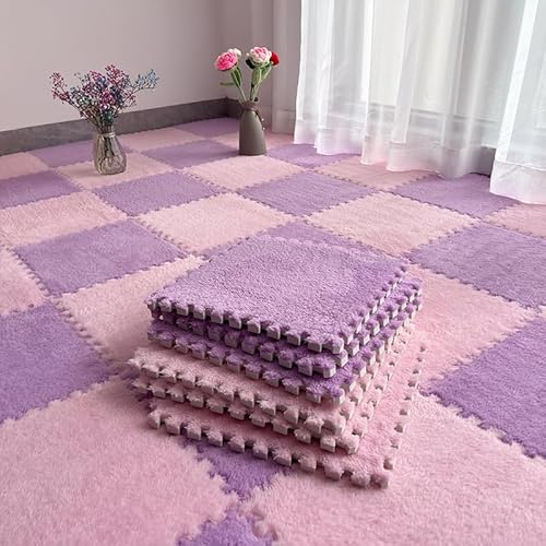 Lot de 10 tapis de jeu en mousse pelucheuse - Protection de sol carrée à poils longs - Tapis de jeu puzzle pour salle de jeux - 30 x 30 x 1 cm - Rose violet
