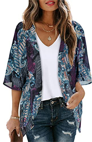Womens Tops Floral Print Open Front Kimono Cardigan Casual Bikini Cover Up(Boho Purple,L)