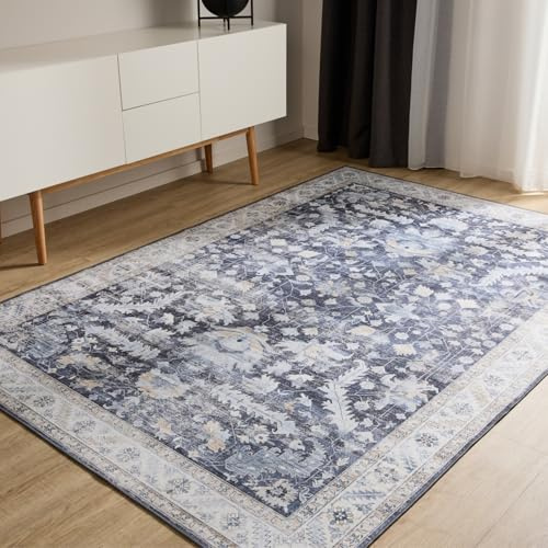 benuta Basic Waschbarer Teppich George - Blau 120x170 cm - Kunstfaser - Rechteckig & im Style: Vintage, Elegant, Retro - Pflegeleicht für Wohnzimmer Schlafzimmer