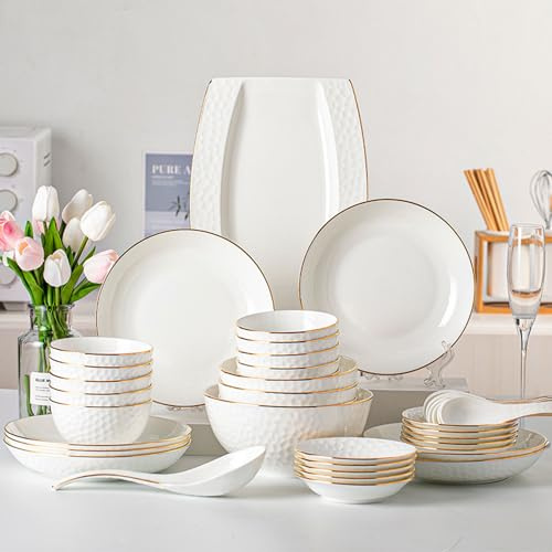 NNYCC Service De Table 28 Pièces Pour Personnes Assiette Et Bol En Porcelaine Service De Table Peint À La Main Bordé D'or Gaufrage Simple Luxueux Passe Au Lave VaissellePasse