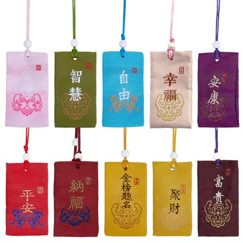 PH PandaHall 20 amuletos japoneses omamori para colgar, 10 colores, bendición de la suerte, bolsas colgantes para salud, riqueza, éxito, felicidad, libertad, seguridad