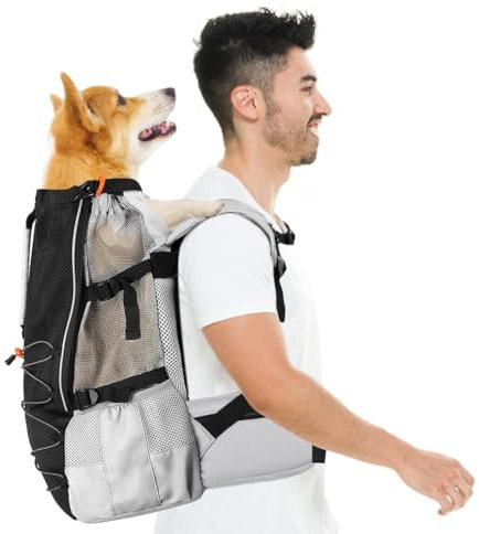 Pawaboo Hunderucksack, Hunde Reisetasche für Kleine Mittlere Rassen, Verstellbar Atmungsaktiv Netz, Welpenrucksack mit Brustgurt, Ergonomisch Haustier Hund Tragetasche für Wandern Reisen, L, Schwarz