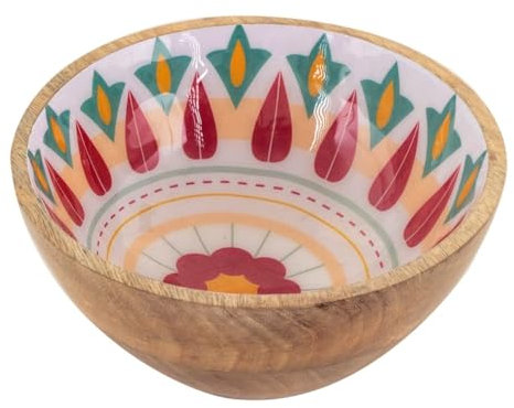 SIGNES GRIMALT Bol en Bois de Manguier, Thème Amérique du sud, Fleurs stylisées et picturales, diamètre 15 cm