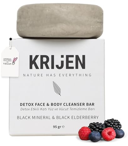 Krijen Festes Duschstück mit schwarzem Holunder & Mineralerde – Vegane Körperreinigungsbar für Mischhaut & fettige Haut, unisex, parfümfrei, plastikfrei, handgemacht 95 Gr