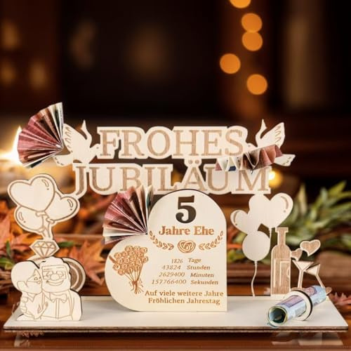 MINISONA Holz Geldgeschenk zur Hölzernen Hochzeit 5 Jahre Ehe – Personalisierbares Jubiläumsgeschenk für Ehepaare, Männer und Frauen zum 5. Hochzeitstag(5)