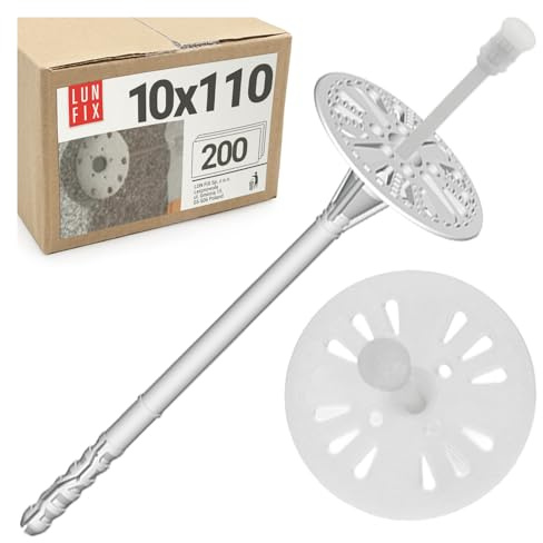 Taco Aislamiento 10x120 mm WDVS, fijación Universal fachada EPS Styropor, Taco plástico con Plato, Clavo Nylon, Anclaje Paneles aislantes Exterior, 200 uds, Lun Fix