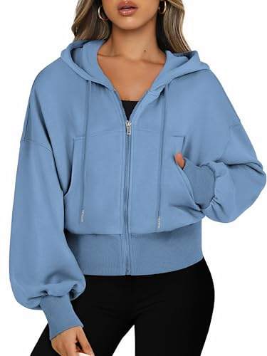 Jhsnjnr Kurze Jacke Damen mit Taschen Crop Sweatjacke mit Kapuze Reißverschluss Lässige Casual Langarm Cropped Sweatshirts