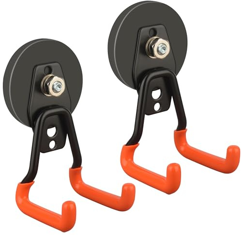 ULIBERMAGNET New Upgraded Heavy Duty Magnetic Garage Hooks,2 Pack Strong Large Magnet Hooks for Power Drill,Garden Tools,Hose,Pegboard,Garage, Workshop,Magnetic Storage Hook for Hanging(Orange)