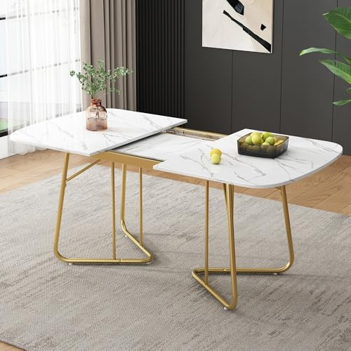 Merax Table à Manger Extensible Blanche avec Structure en marbre, Table rectangulaire élégante,140/180 x 80 cm, Pieds métalliques dorés, Design Luxueux et Moderne, pour 4 à 6 Personnes