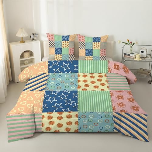 phonxia Couette 140x200 4 Saisons Plaid Patchwork Legere Rétro coloré Tempérée Imprimée 1 Personne Garçons et Filles - Couette sans Houss et 2 Taies d'oreiller 65x65 cm P27
