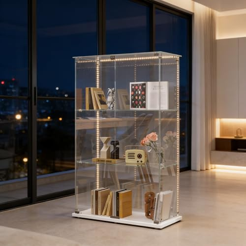MGMYM Glasvitrine Standvitrine mit Tür und Schloss, 3 Lagen Sammlervitrine Vitrinenschrank, 2 Tür Glasvitrine Stehend Für Wohnzimmer Schlafzimmer Büro (Weiß 2 Tür, 3 Lagen+LED)
