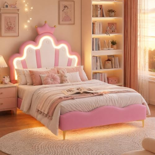 KSFASHZ Polsterbett Mädchen 90x200 mit Kopfteil, Mädchen Bett LED mit Lattenrost, Kinderbett 90x200Mädchen Prinzessin BettMädchen LED Jugendbett MädchenEinzelbetten Funktionsbett, ohne Matratze