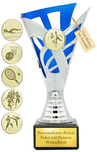 Pokal mit Wunschtext – 19 cm - Silber-Blau – inkl. Gravurschild und Emblem - Trophäe für Sport, Geburtstag, Firma, Schule, Kinderwettbewerb