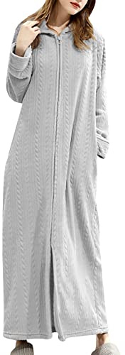 Zanisouta Accappatoio da donna in pile, soffice vestaglia in spugna, con cappuccio, a tunica lunga, con chiusura a strappo, con zip