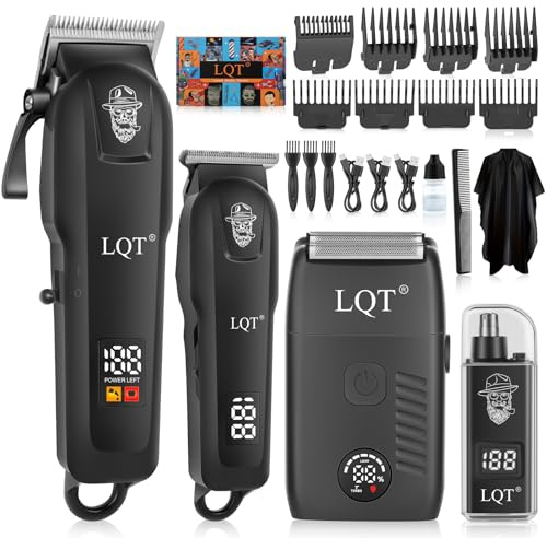 Hair Clippers for Men, 4-Piece Professional Grooming Kit Includes Hair Clipper, LED Power Display,Detail Trimmer and Nose Trimmer, Complete Cordless Set for Home Barber Use (Black)
